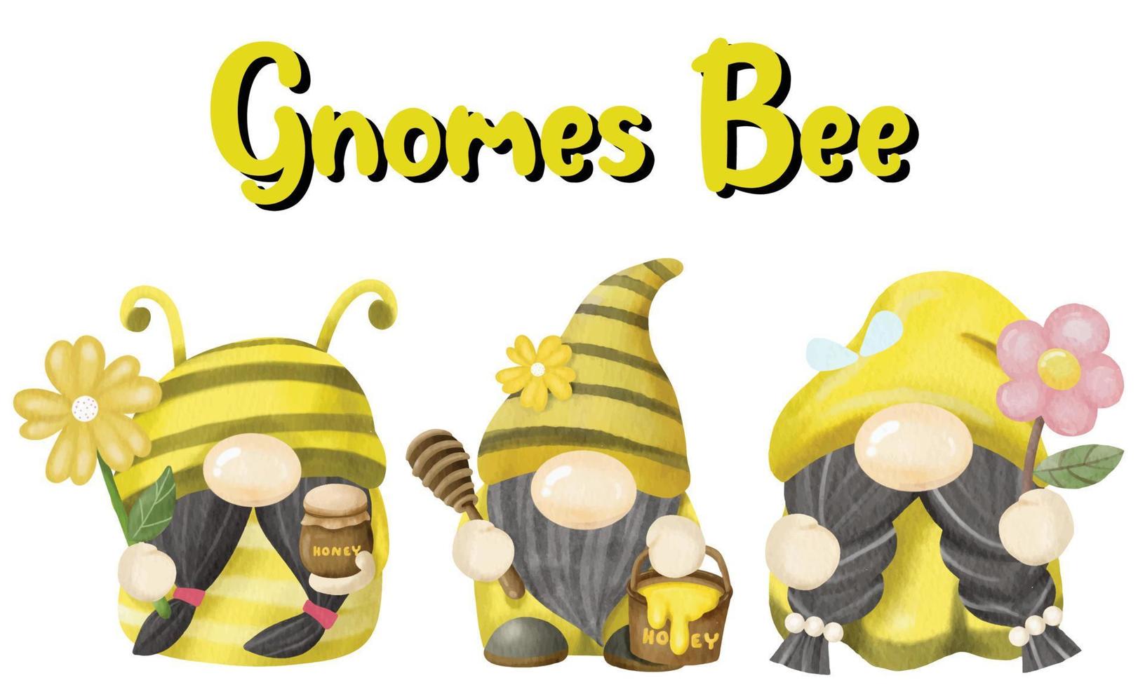 gnomos de abeja acuarela dibujada a mano con miel vector