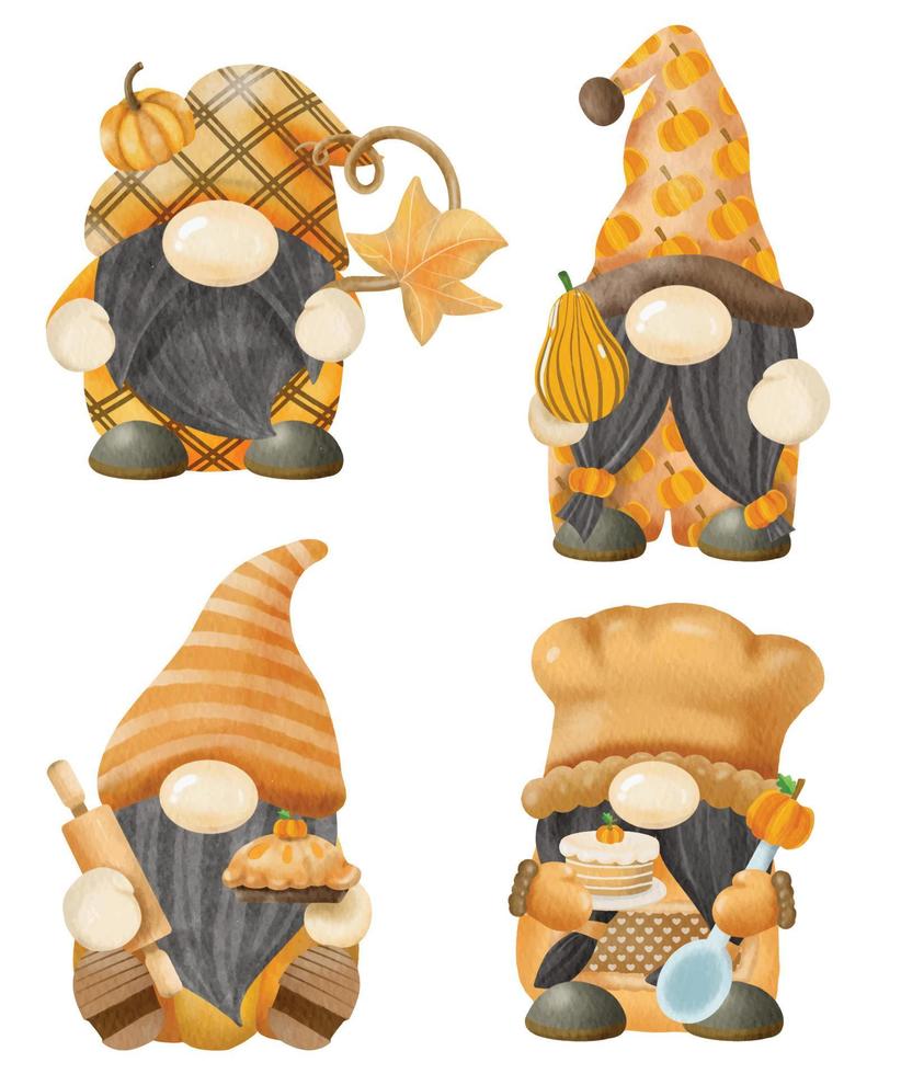 Handdrawn watercolor Gnomes Pumpkin for Thanksgiving day vector