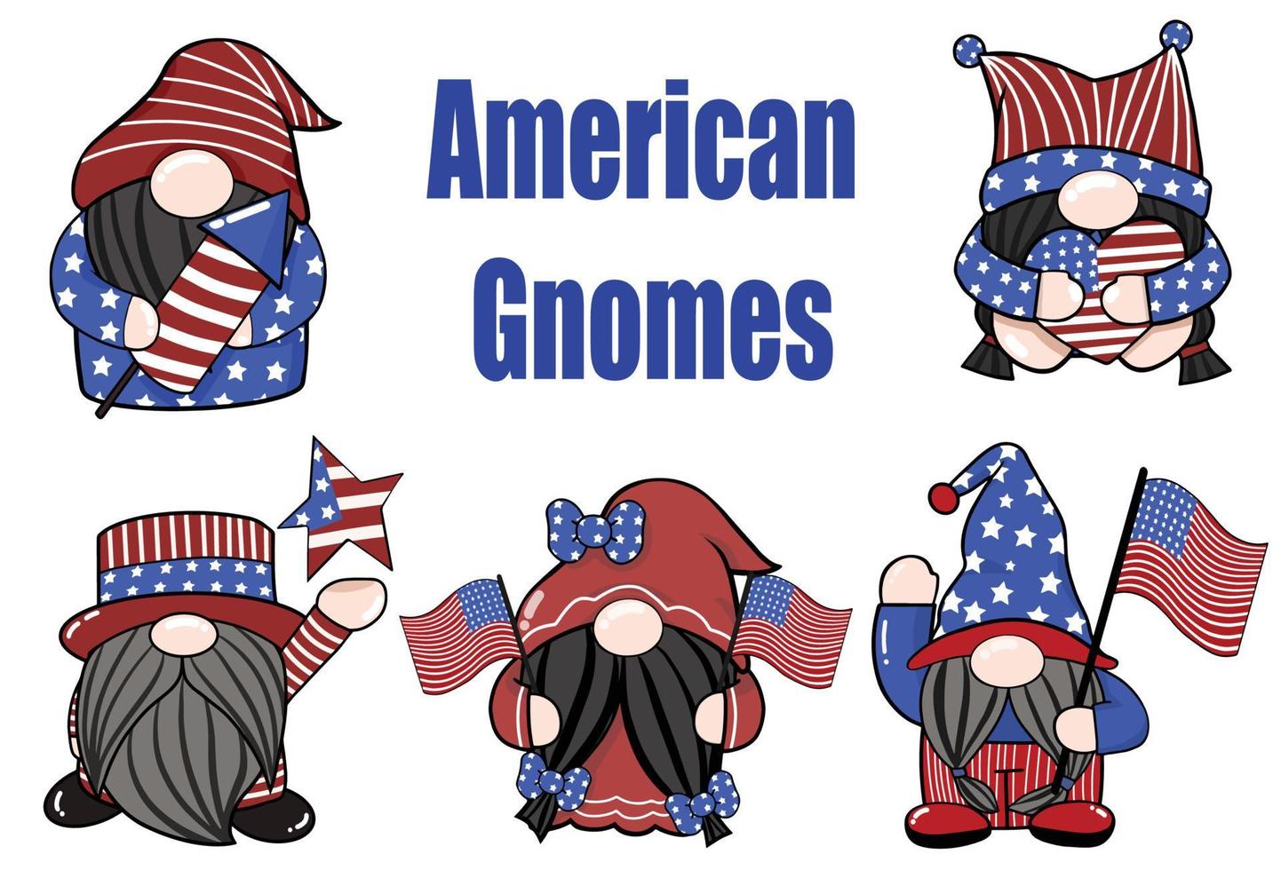 lindo cinco gnomos americanos 4 de julio vector de dibujos animados