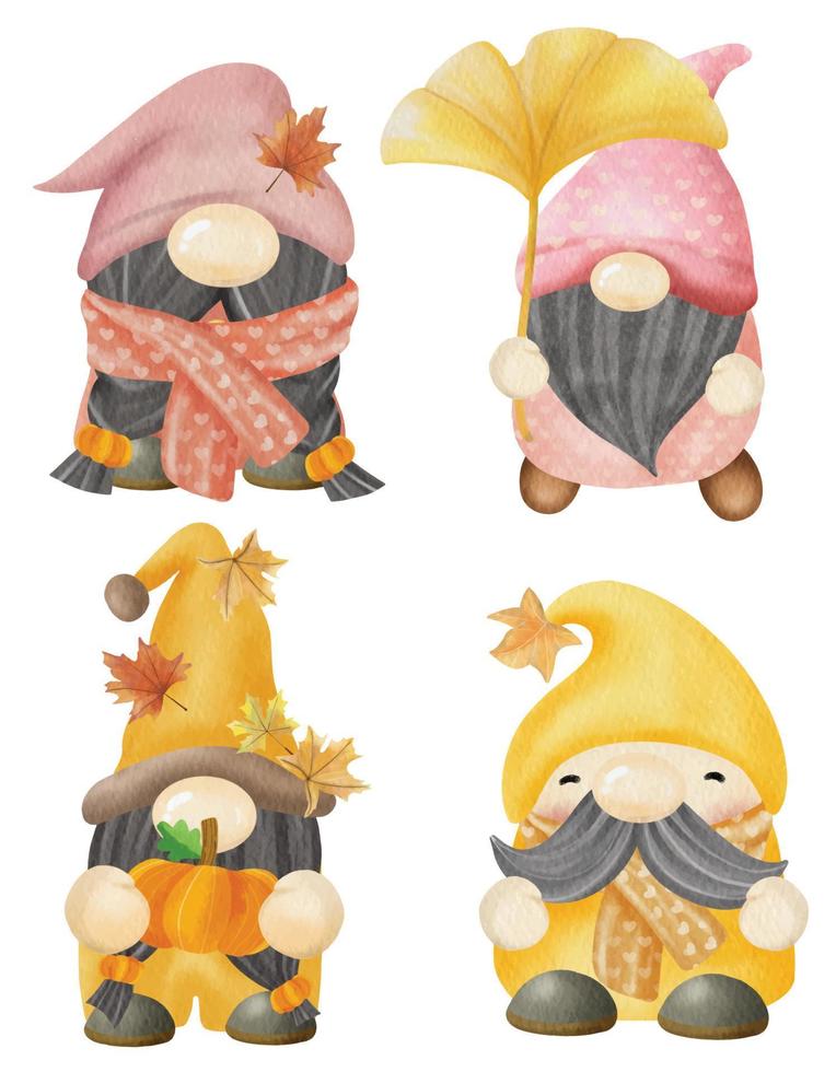 Handdrawn watercolor Autumn Season Gnomes vector