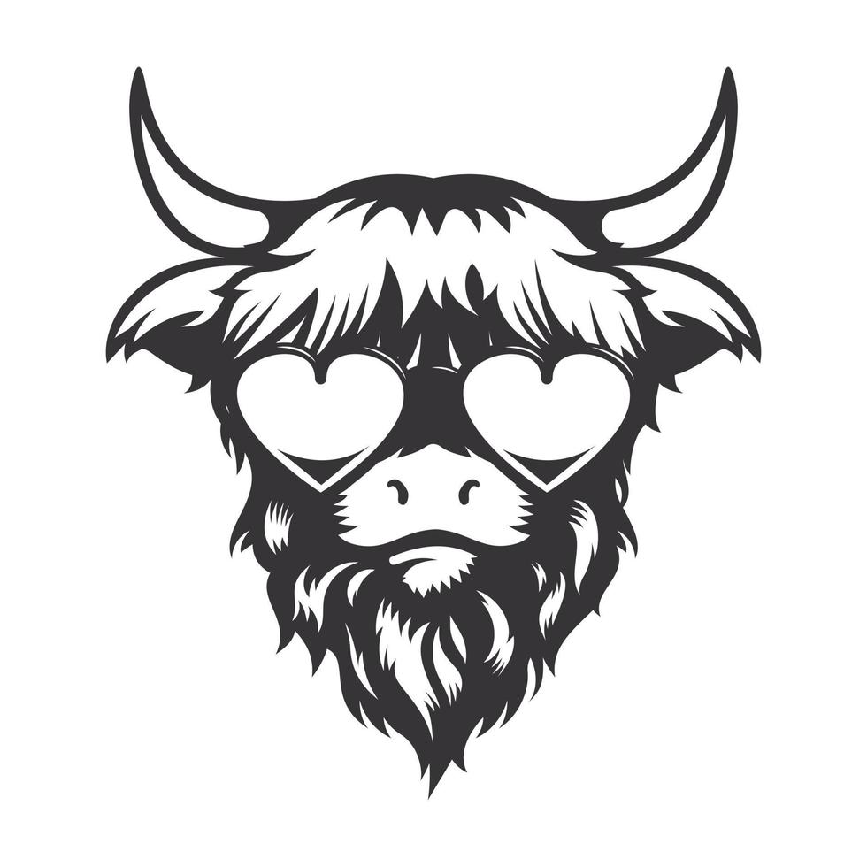 Highland cow in love head design with heart sungless. Farm Animal. Cows logos or icons. vector illustration.