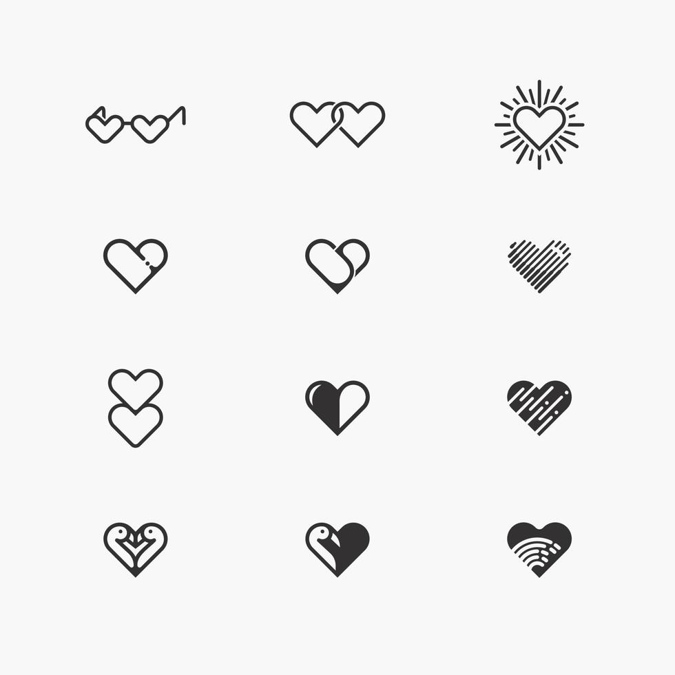 conjunto de iconos de silueta de corazones vector de diseño de línea plana