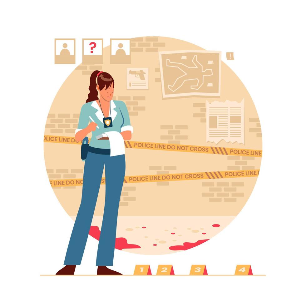 detective femenina trabajando en investigación criminal vector