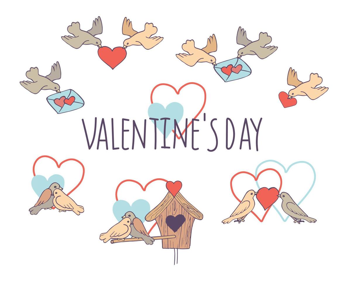 A pair of birds with a heart on white background. Cute hand drawn set of icons with hearts, birds, letter, birdhouse, nest. Vector illustration. Design for prints, cards and coloring page. Valentine's