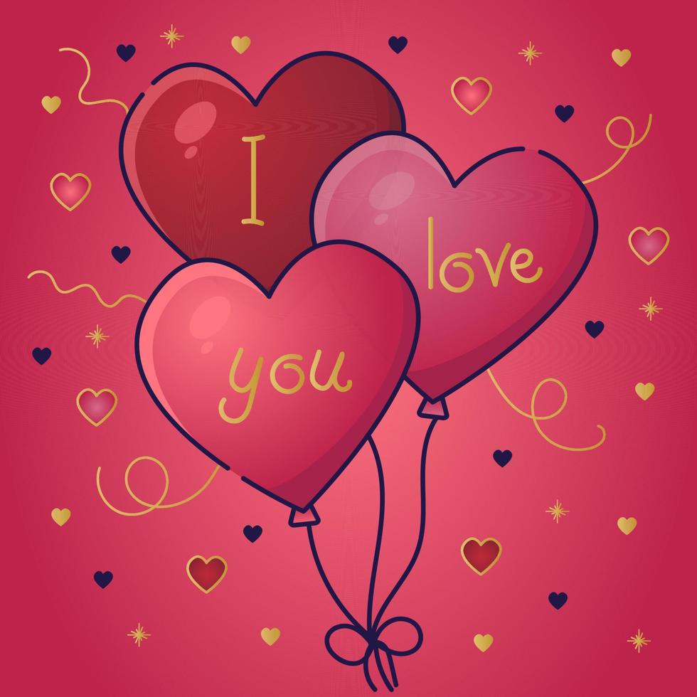 three balloons in the shape of hearts with the inscription I love you. A postcard for Valentine's Day or wedding. Red, pink glossy balloon flat with gold. Festive decoration element vector