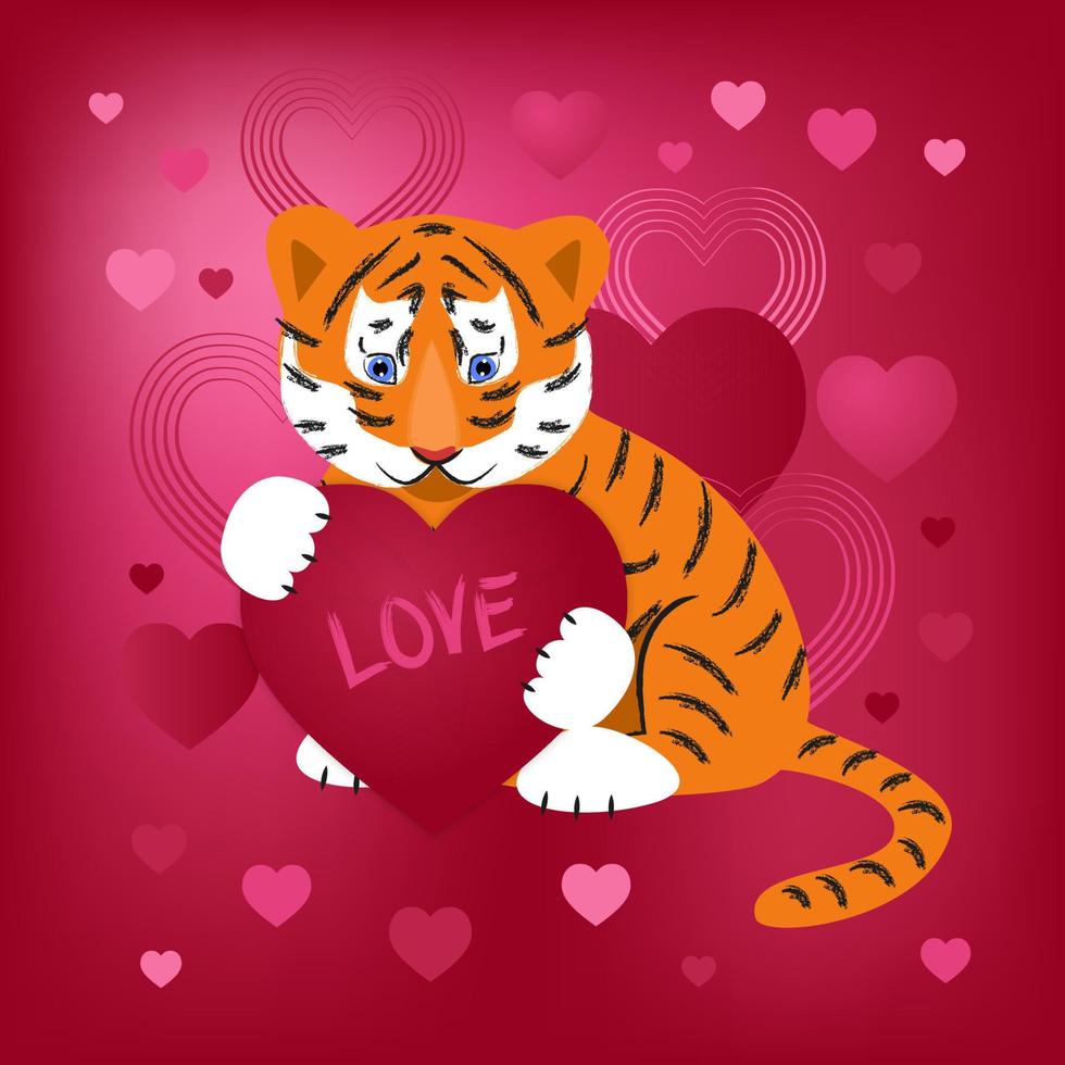 Valentine's day. Heart valentine postcard with cute tiger on pink, red gradient background. Vector illustration for textile, fabric, wallpaper, wrapping, giftwrap, paper, scrapbook and packaging.