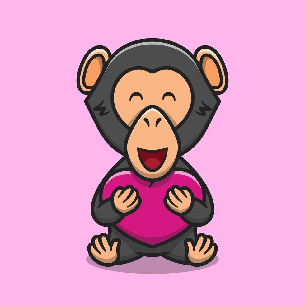 Cute chimpanzee hugging love heart cartoon icon illustration vector