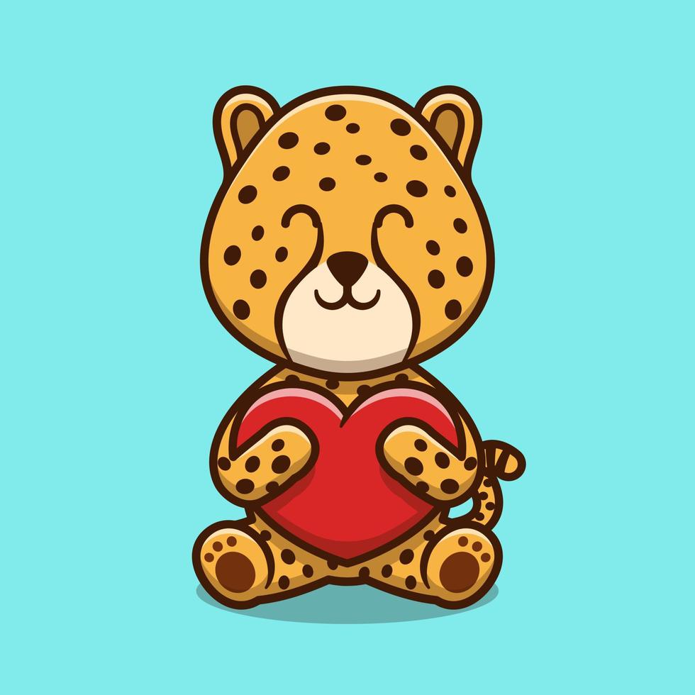 Cute cheetah hugging love heart cartoon icon illustration vector