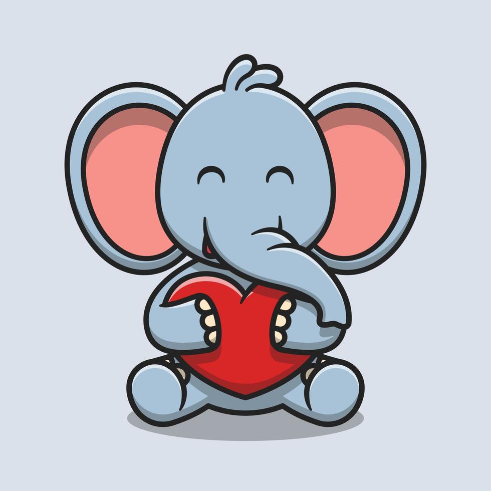 Cute elephant hugging love heart cartoon icon illustration vector