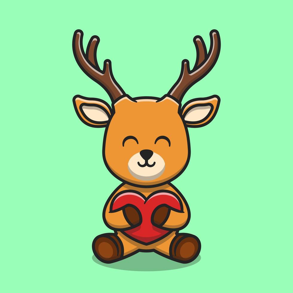 Cute deer hugging love heart cartoon icon illustration vector