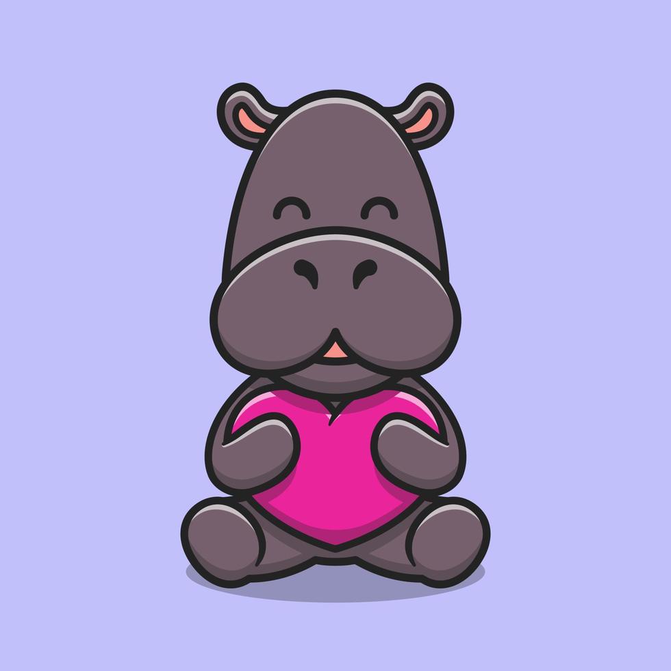 Cute hippopotamus hugging love heart cartoon icon illustration vector