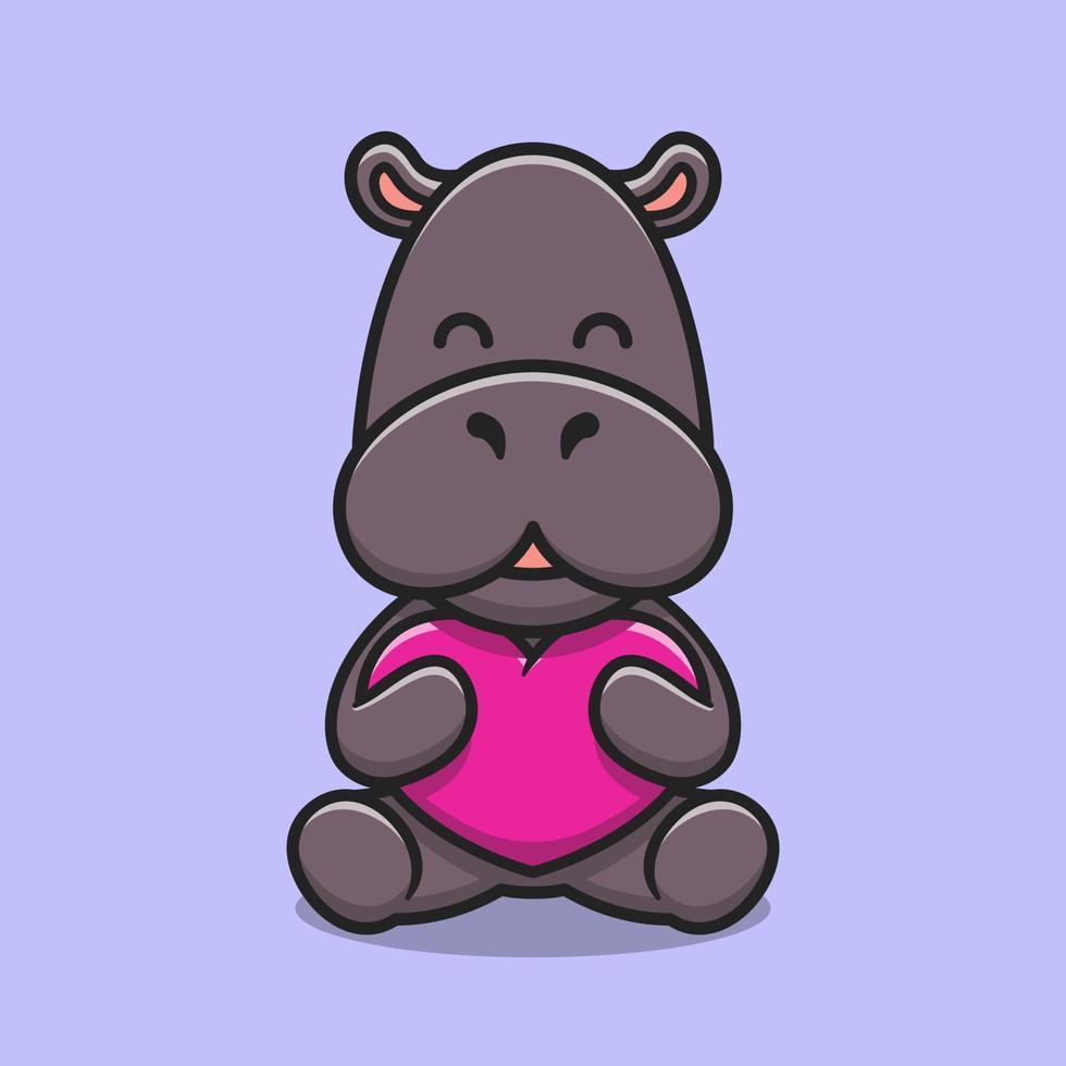 Cute hippopotamus hugging love heart cartoon icon illustration vector