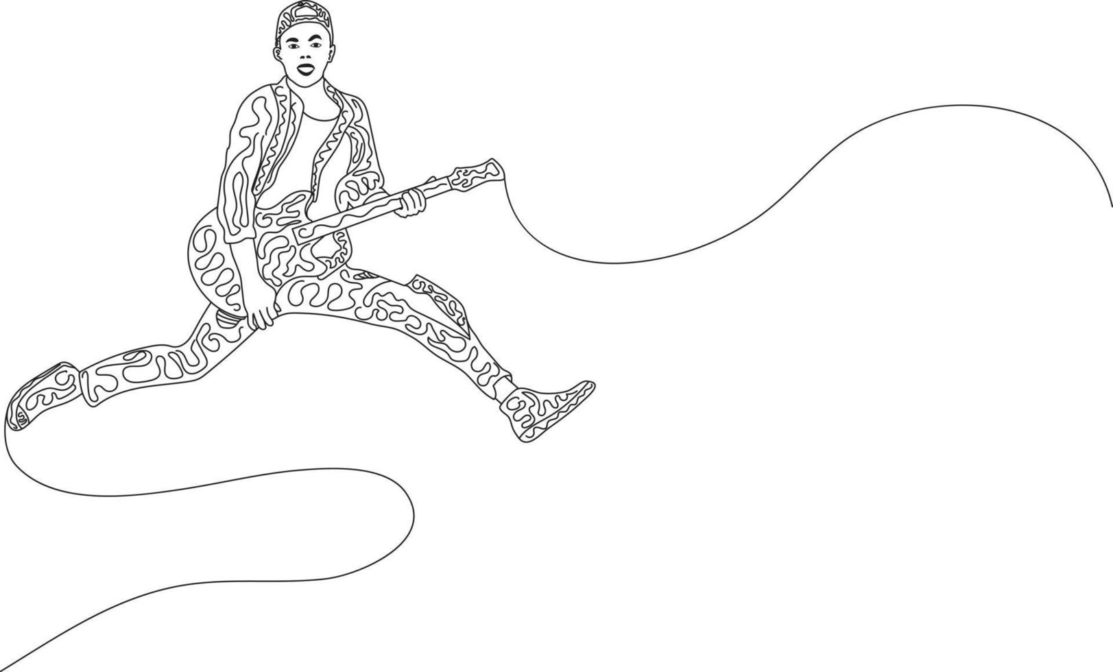 Single line art doodle art image of energetic young guitarist jumping on stage and playing guitar. Vector illustration of a continuous line drawing design. Vector illustration of doodle art design.