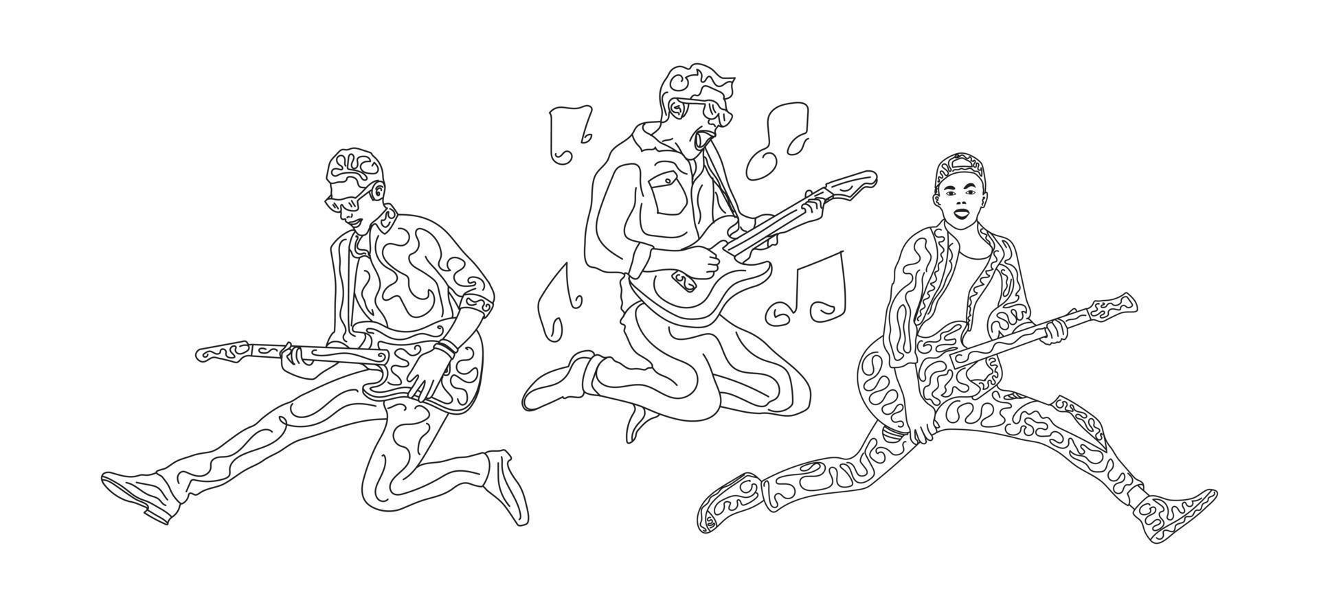 Single line doodle art image of three energetic young guitarists jumping on stage and playing guitar. Vector illustration of a continuous line drawing design. Vector illustration of doodle art design.