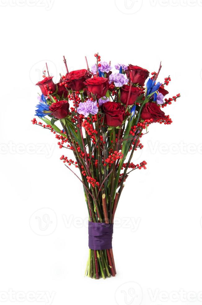 bouquet of red roses and assorted flowers associated tape on white background. Valentine's Day photo