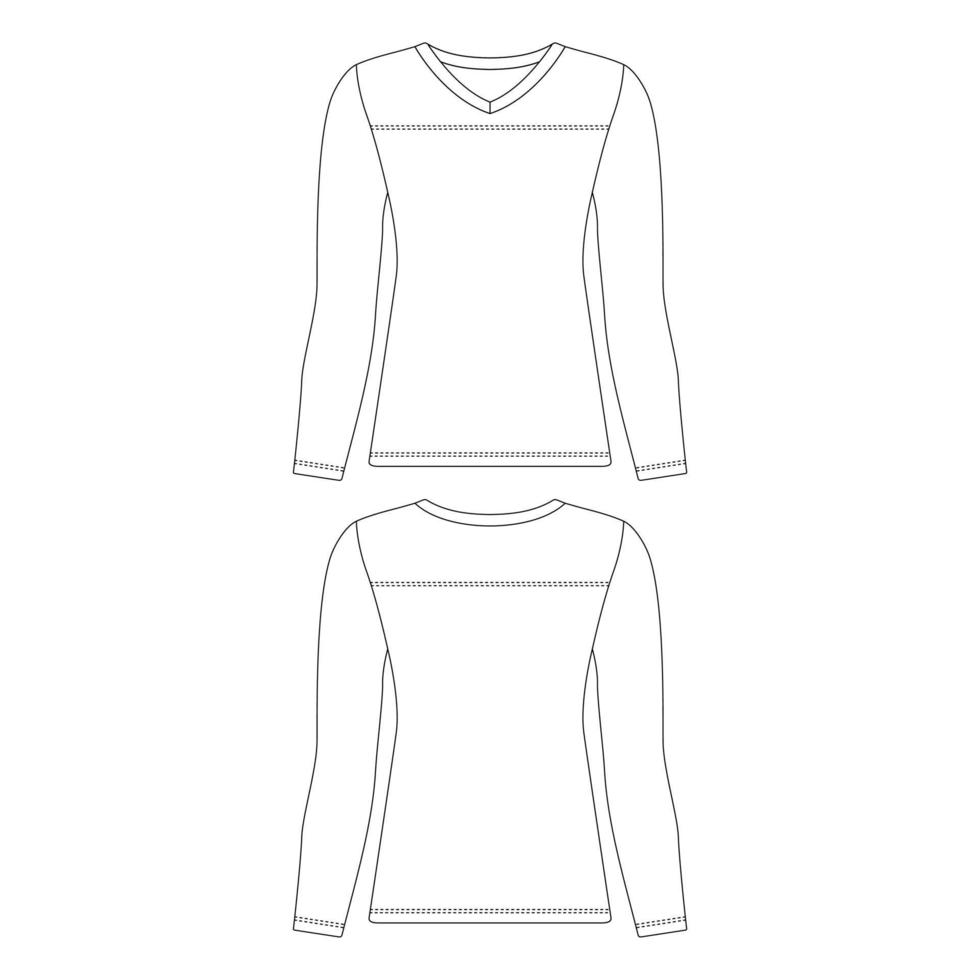 plantilla v-cuello manga larga camiseta de fútbol mujer vector ilustración boceto plano esquema de diseño