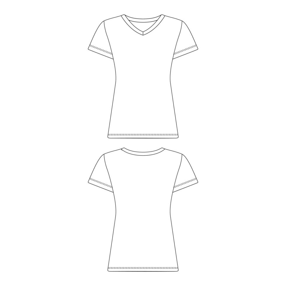 plantilla con cuello en v camiseta mujer vector ilustración boceto plano esquema de diseño