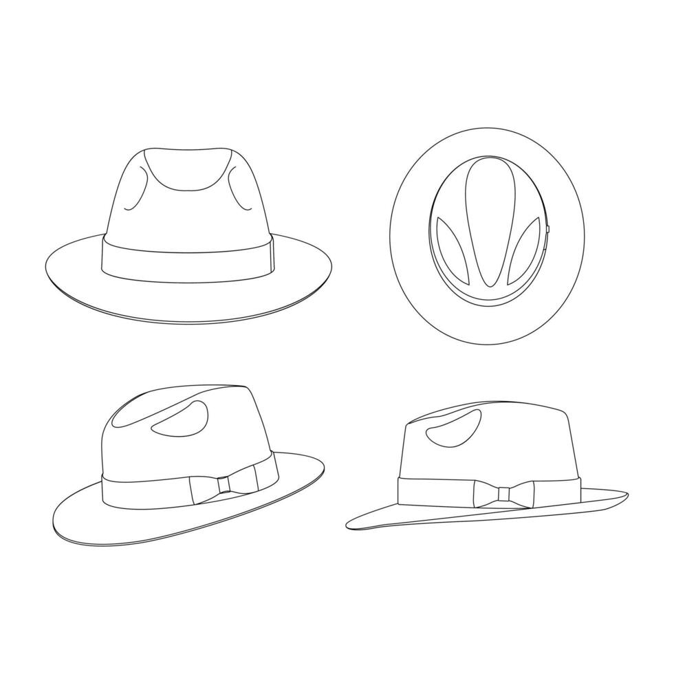 plantilla piel de conejo fieltro fedora sombrero vector ilustración boceto plano diseño contorno sombreros