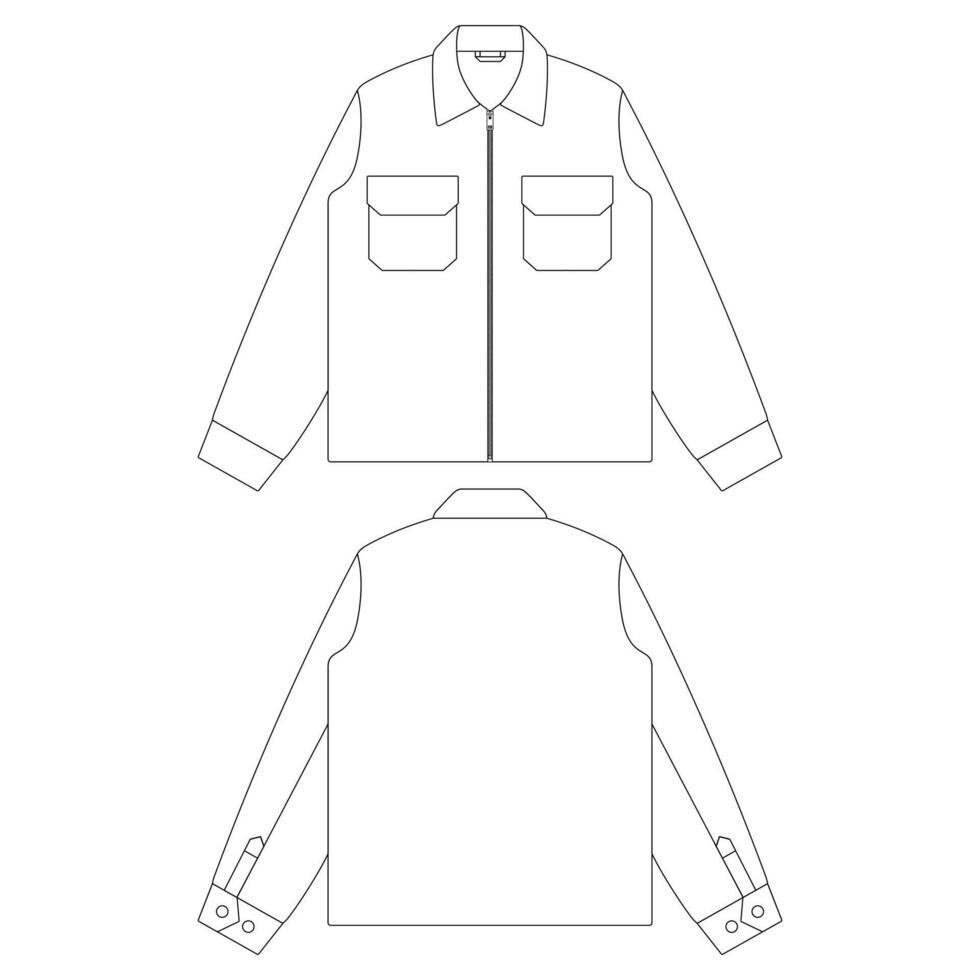 Template zip jacket chest flap pocket vector illustration flat sketch design outline