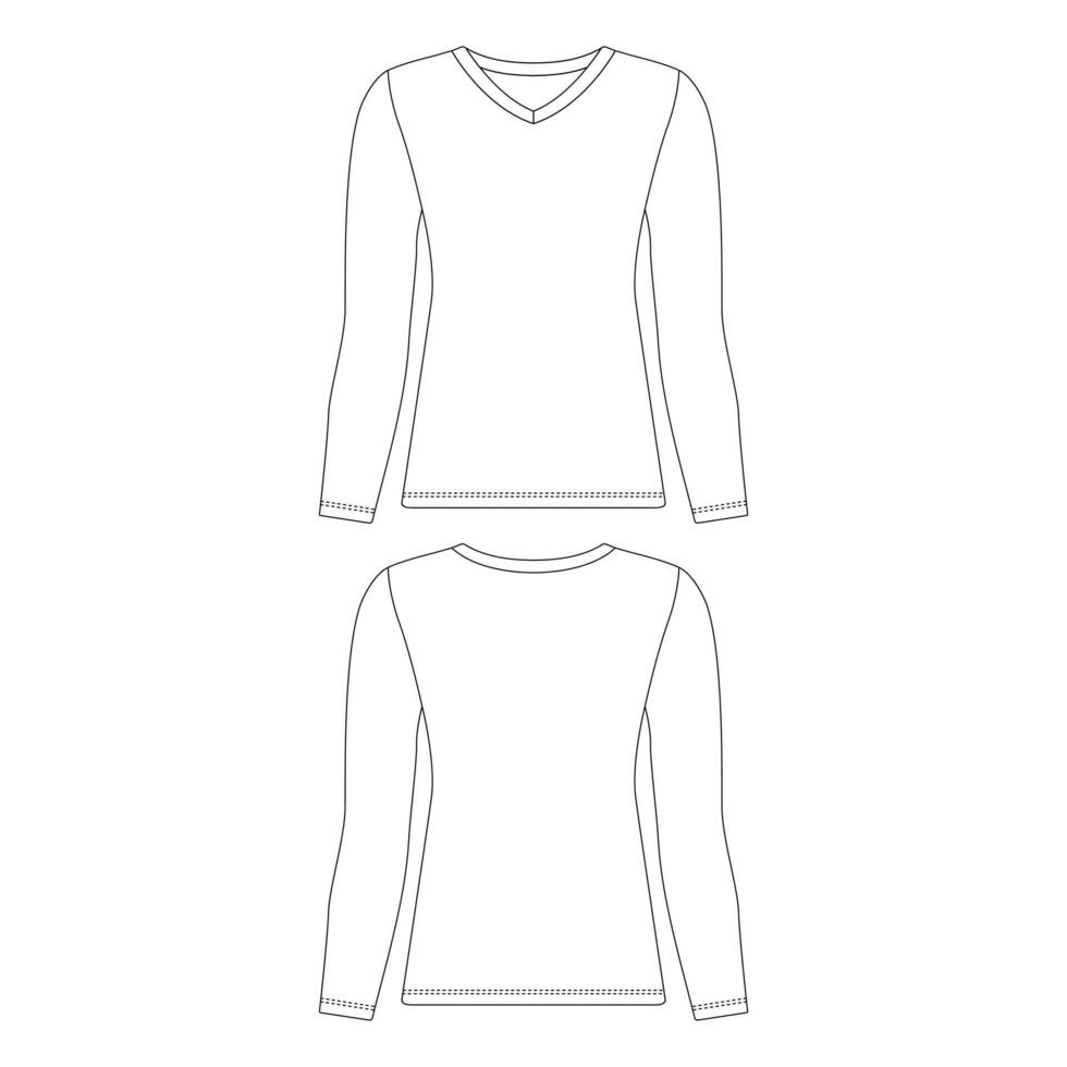 Template v-neck long sleeve t-shirt women vector illustration flat sketch design outline