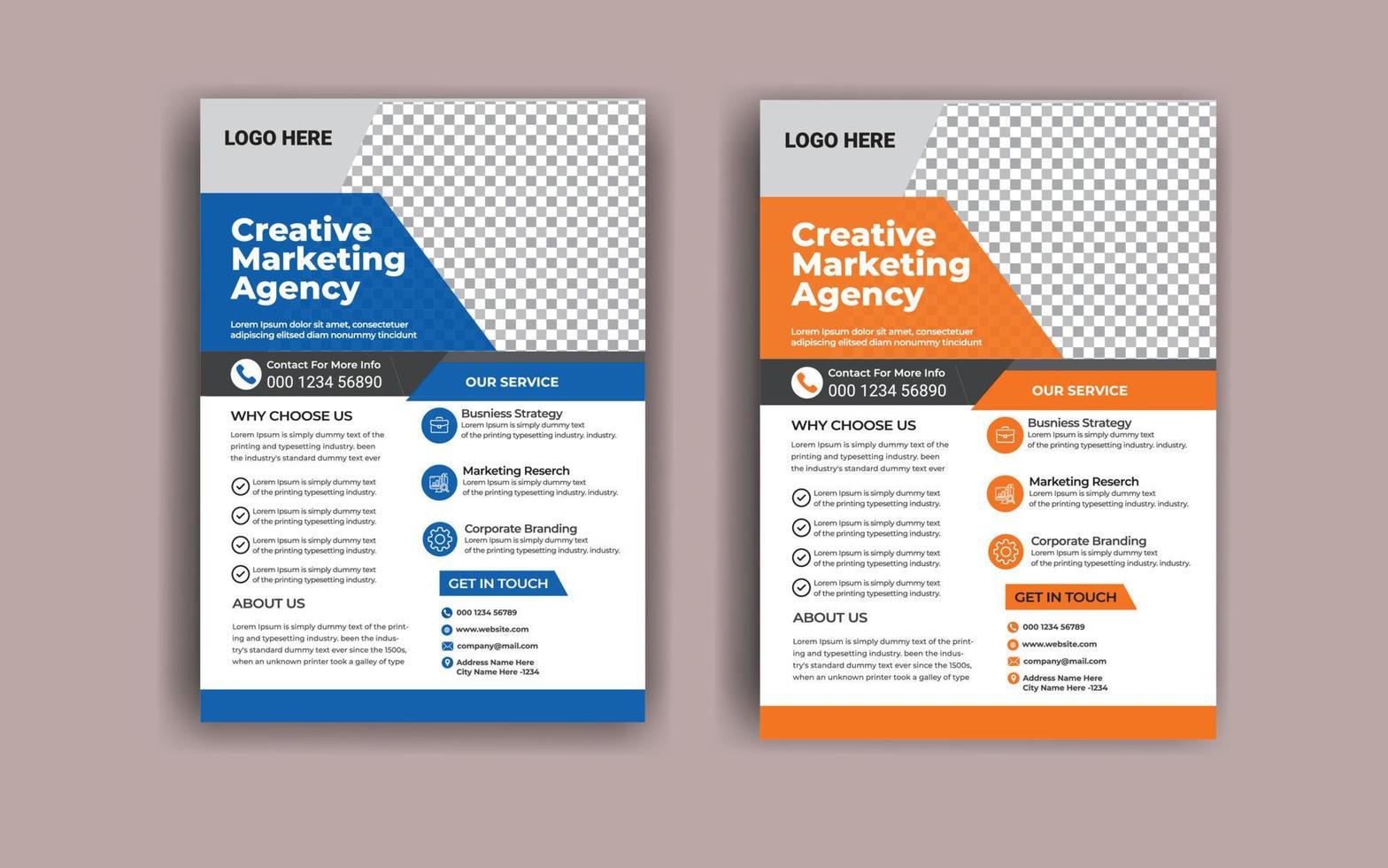 Two business brochure flyer design layout template A4, Template vector design for Magazine, Poster, Corporate Presentation, Portfolio, Flyeri, layout modern in orange blue