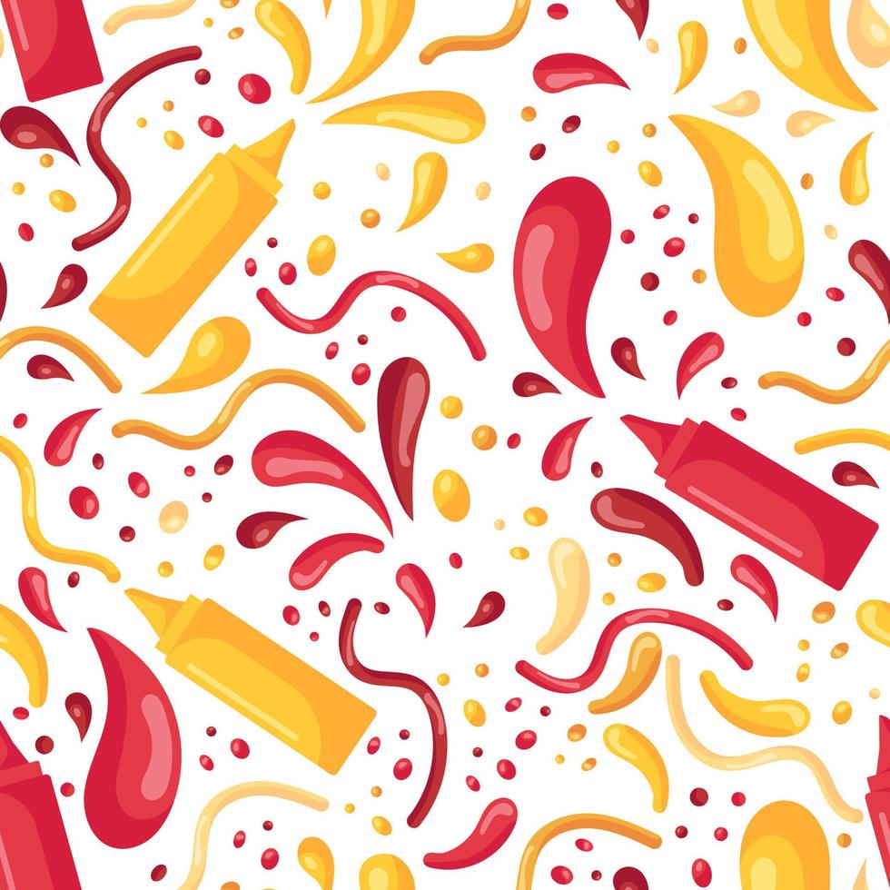 Seamless pattern with fast food and splashes of mustard and ketchup in plastic bottles for sauces in a flat style isolated on a white background vector