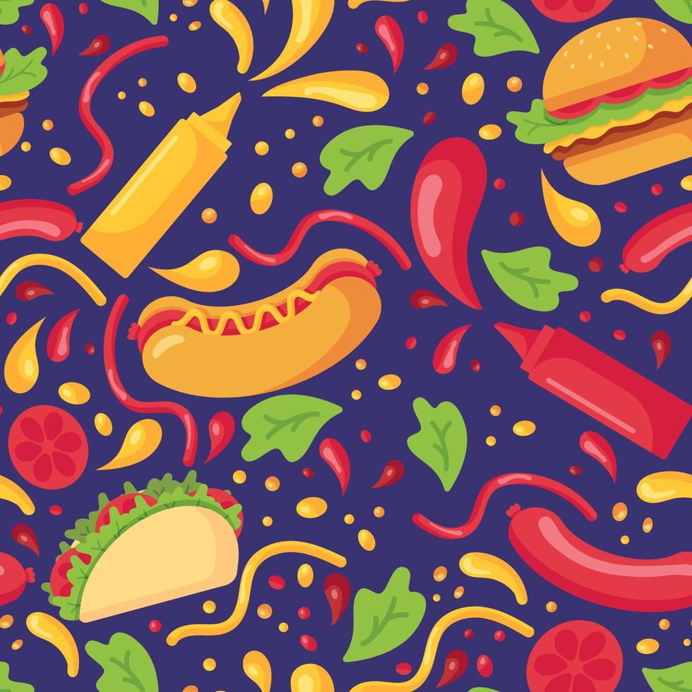 Seamless pattern with fast food and splashes of mustard and ketchup in plastic bottles for sauces in a flat style isolated on a purple background vector