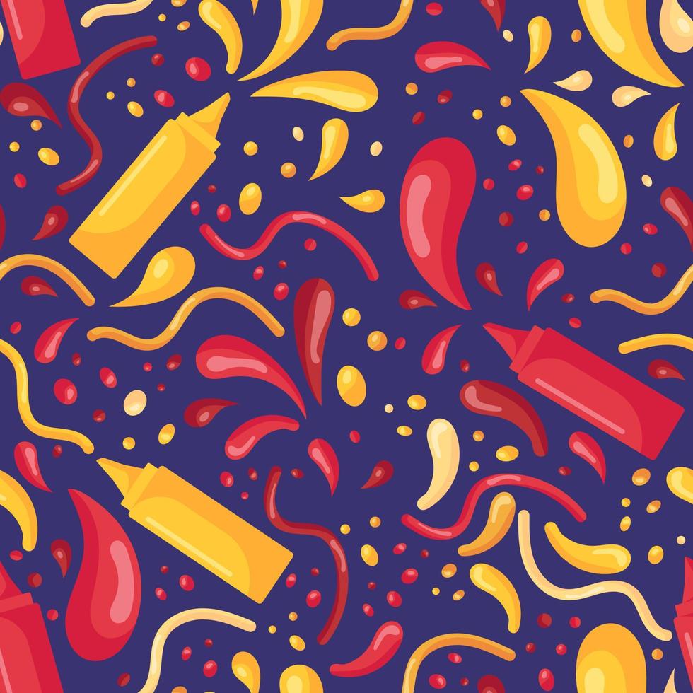 Seamless pattern with fast food and splashes of mustard and ketchup in plastic bottles for sauces in a flat style isolated on a purple background vector