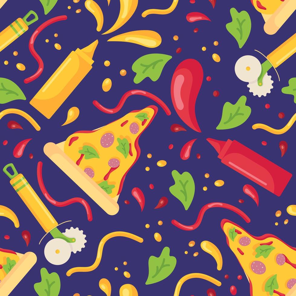 patrón impecable con comida rápida y toques de mostaza y ketchup en botellas de plástico para salsas en un estilo plano aislado en un fondo morado vector