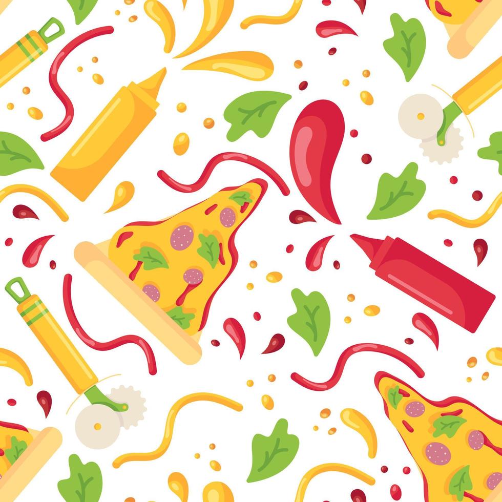 Seamless pattern with fast food and splashes of mustard and ketchup in plastic bottles for sauces in a flat style isolated on a white background vector