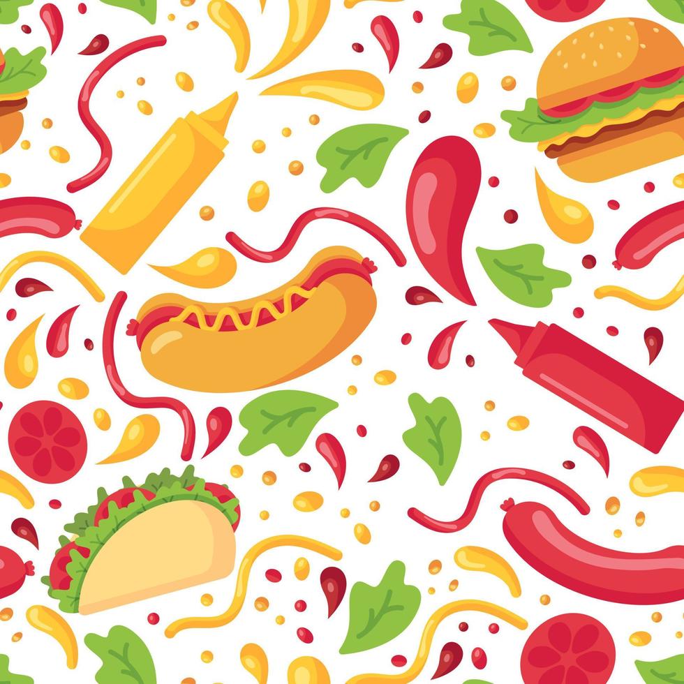 Seamless pattern with fast food and splashes of mustard and ketchup in plastic bottles for sauces in a flat style isolated on a white background vector