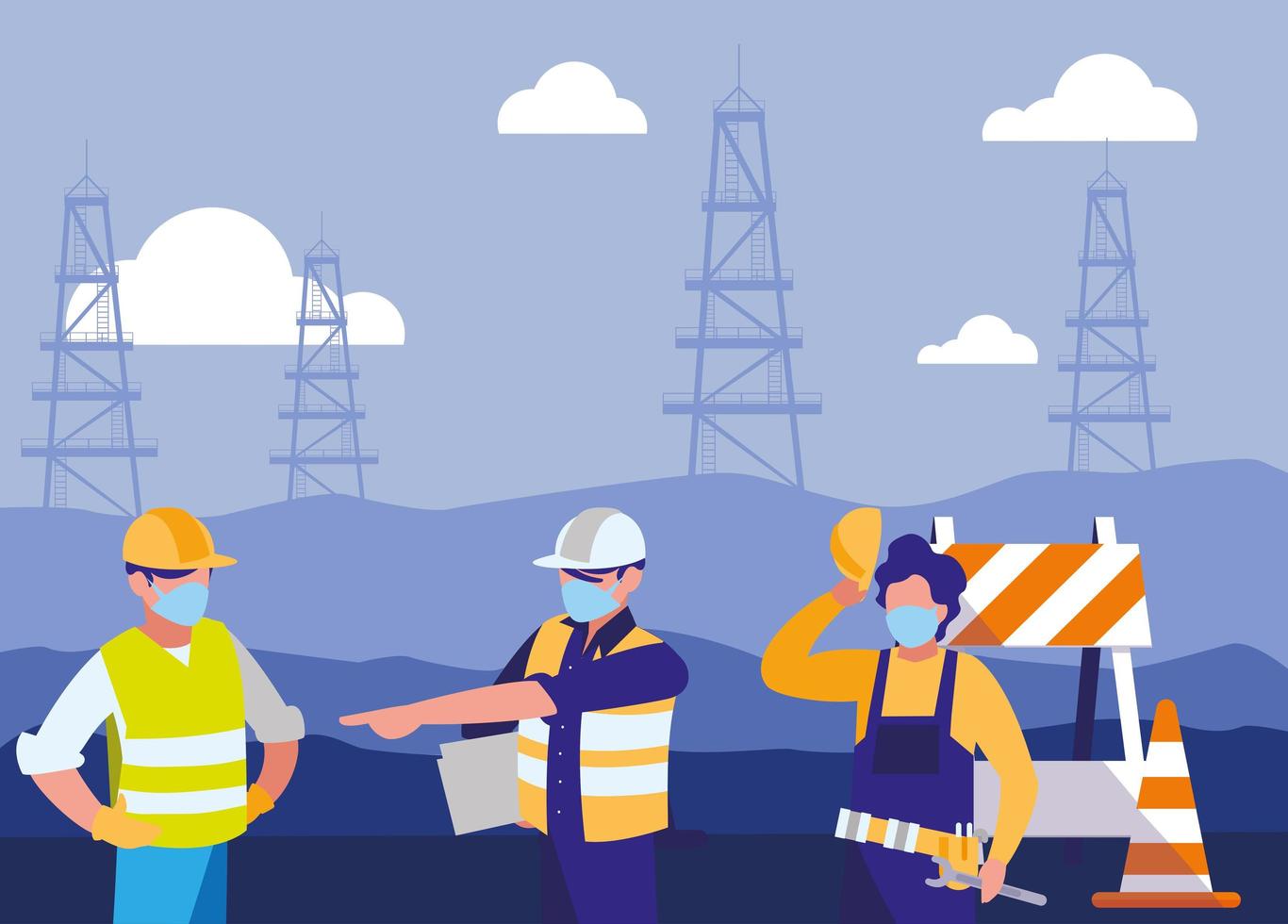 industrial workers men working with face mask vector