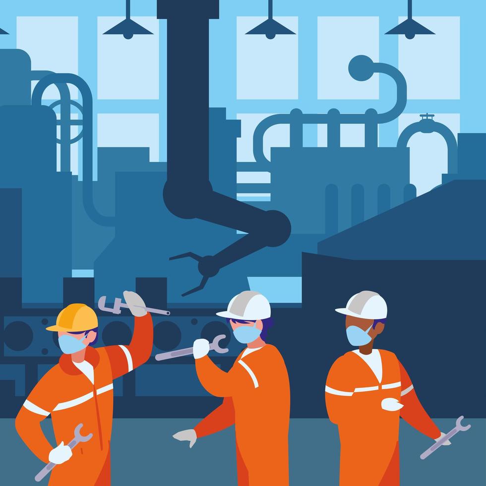 industrial workers men working with face mask vector