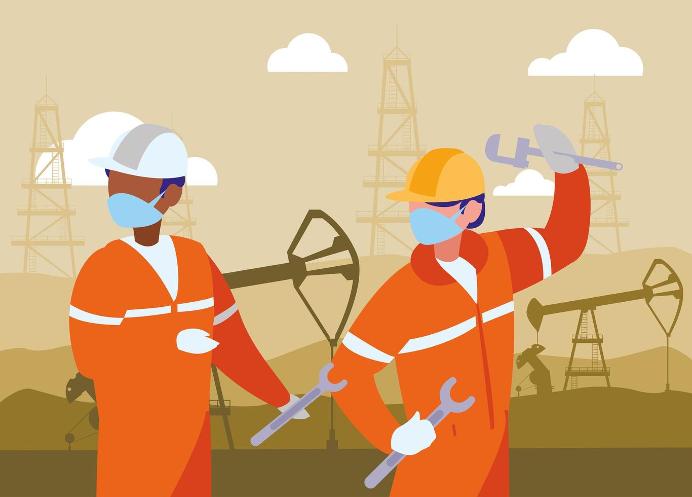 industrial workers men working with face mask vector