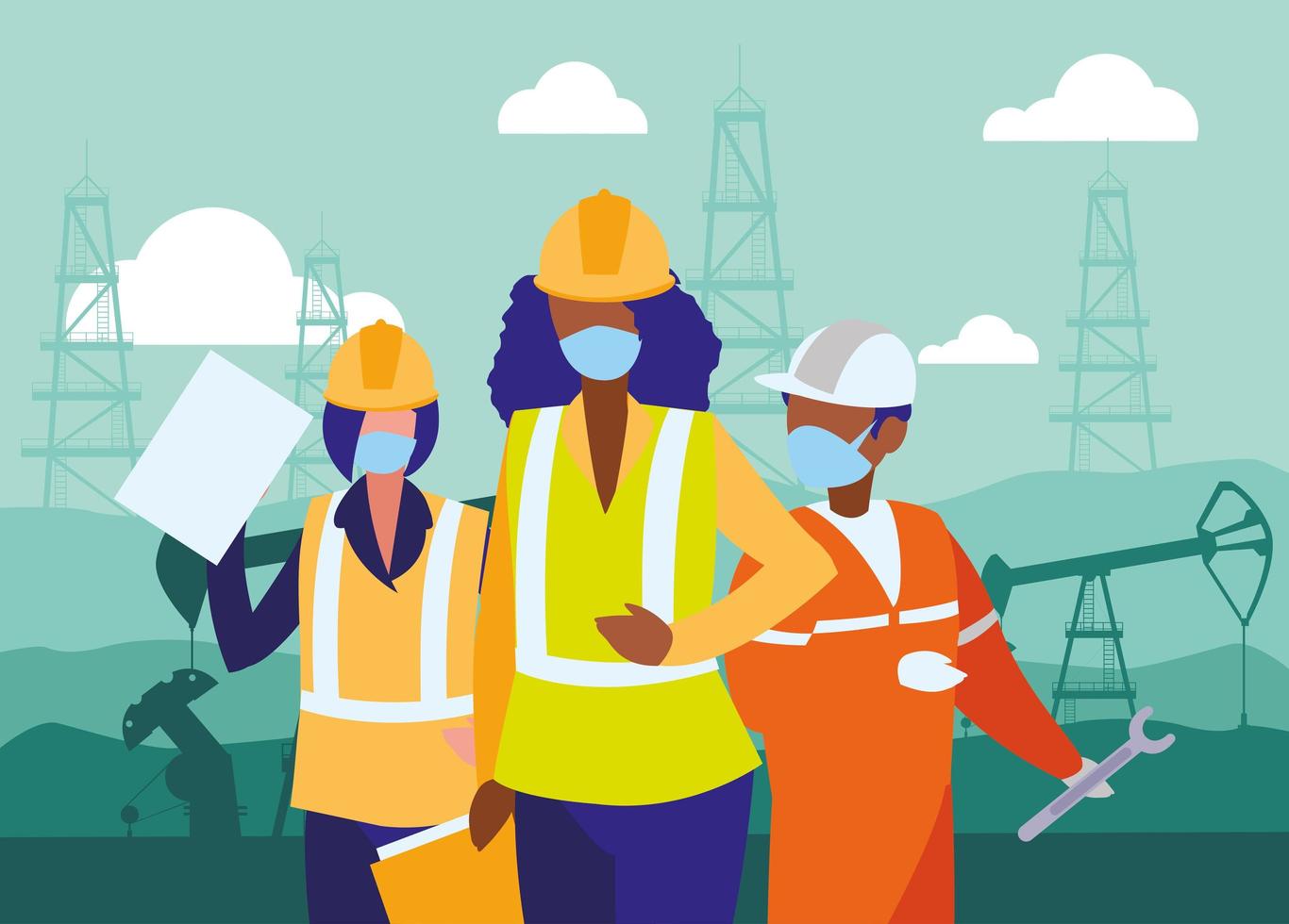 Industrial workers working with face mask vector