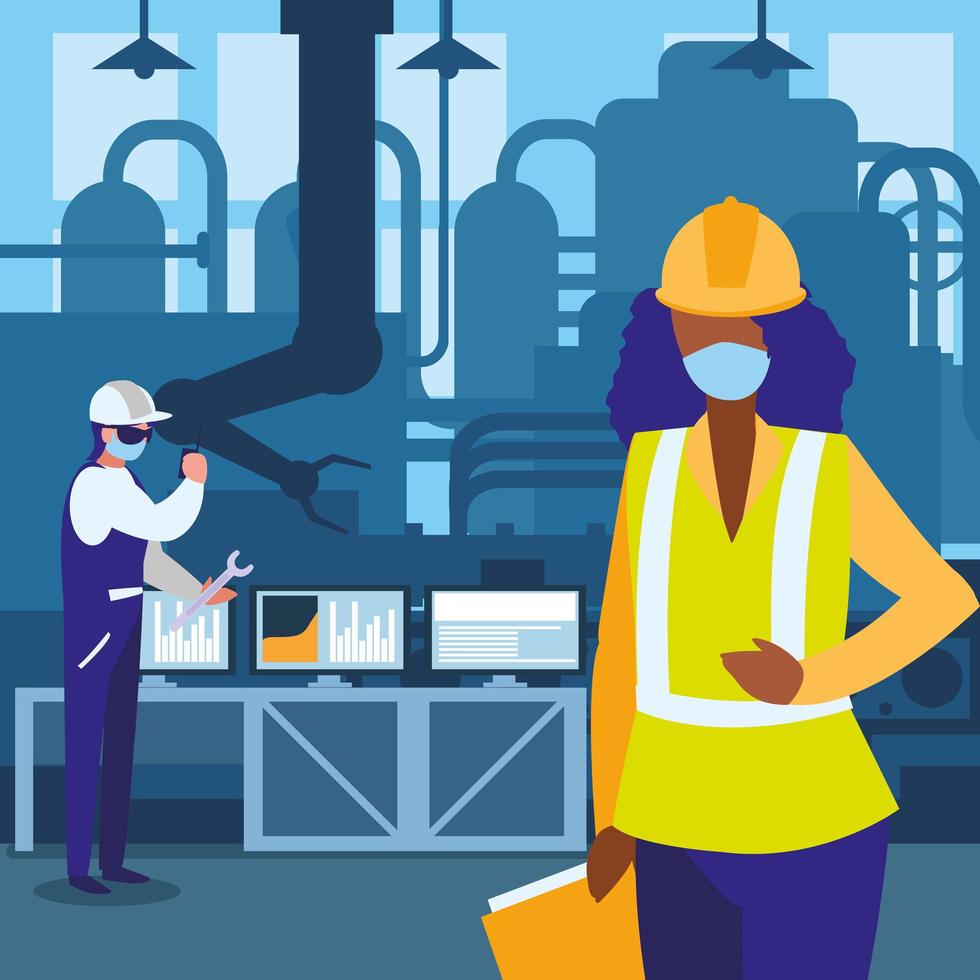 Industrial workers couple working with face mask vector