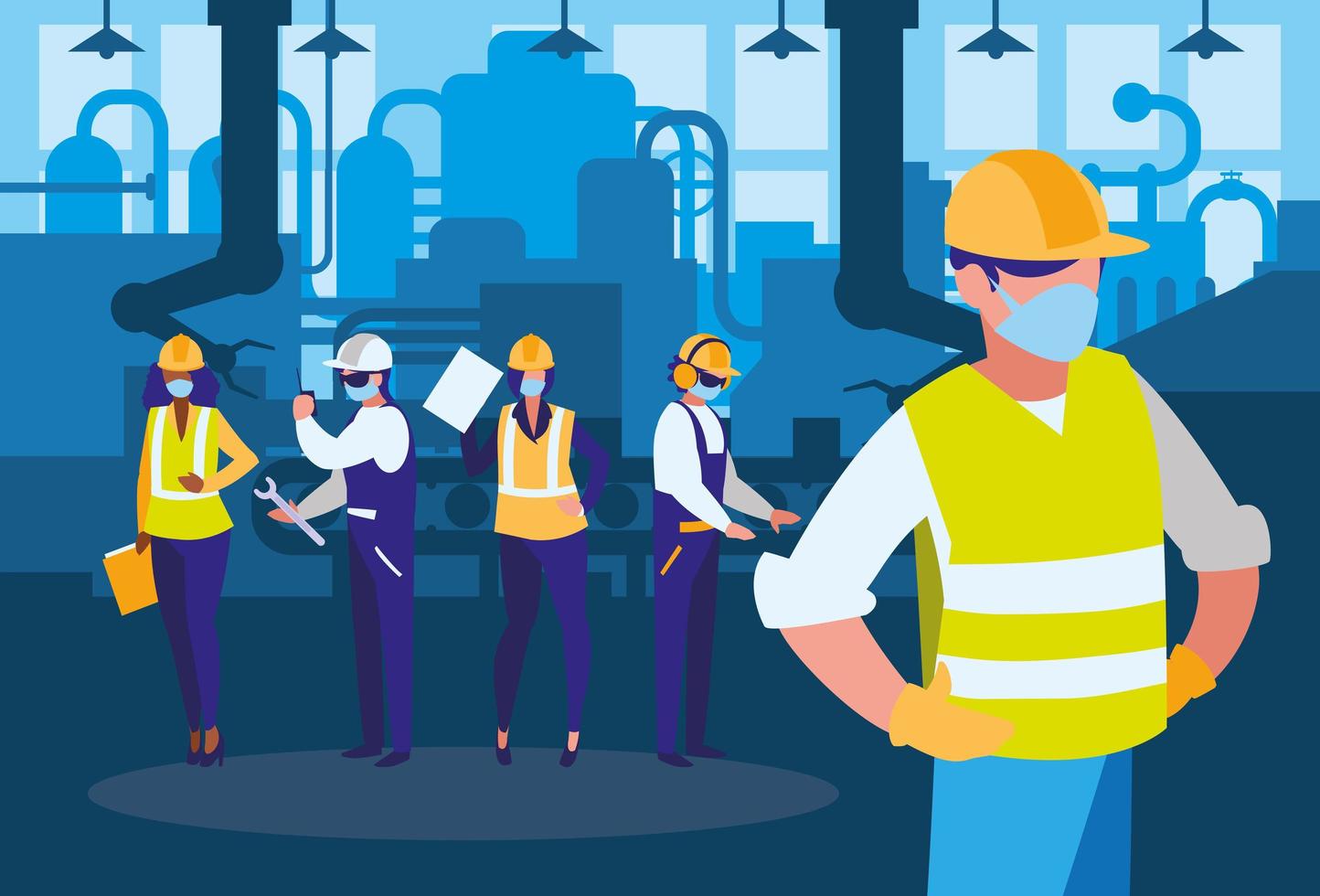 Industrial workers working with face mask vector