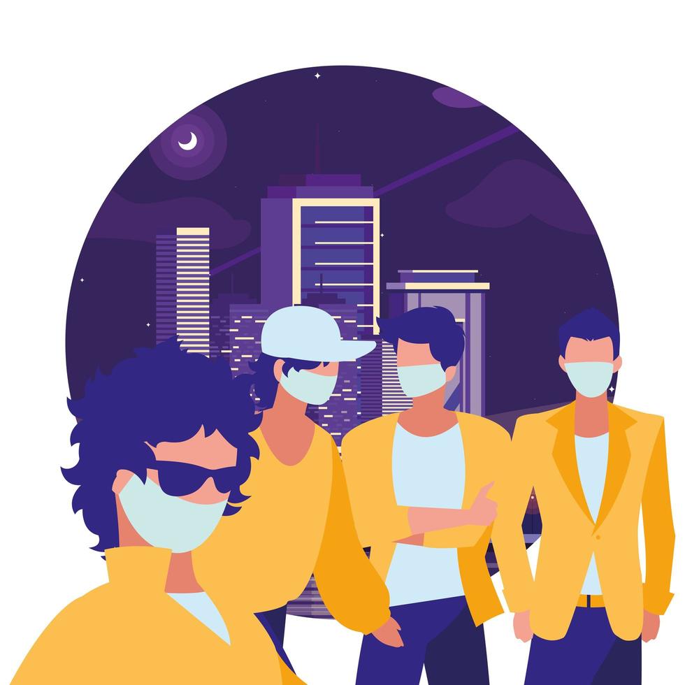 men in the city wearing face mask vector