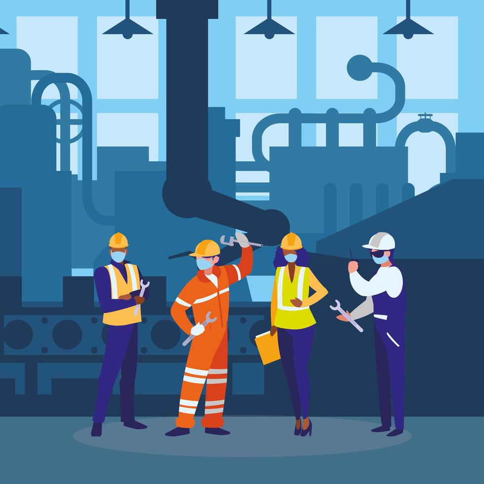 Industrial workers working with face mask vector