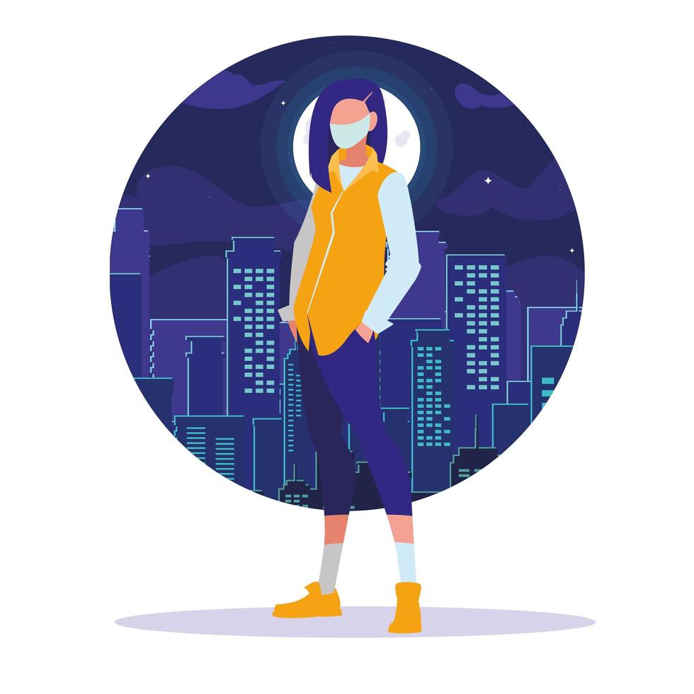 Woman in the city wearing face mask vector