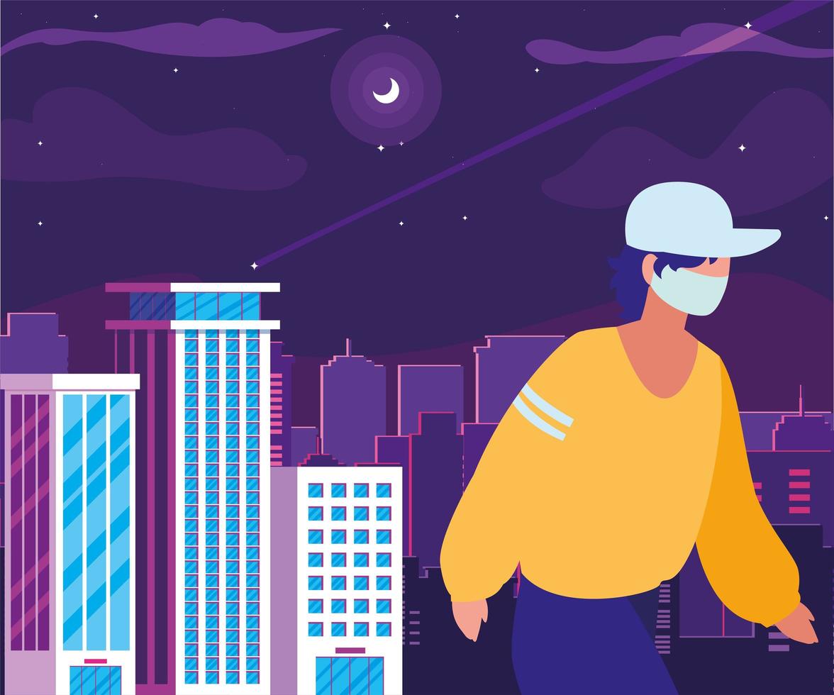 Man walking in the city wearing face mask vector