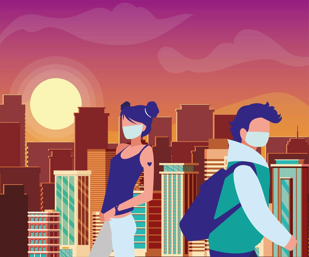 couple walking in the city wearing face mask vector