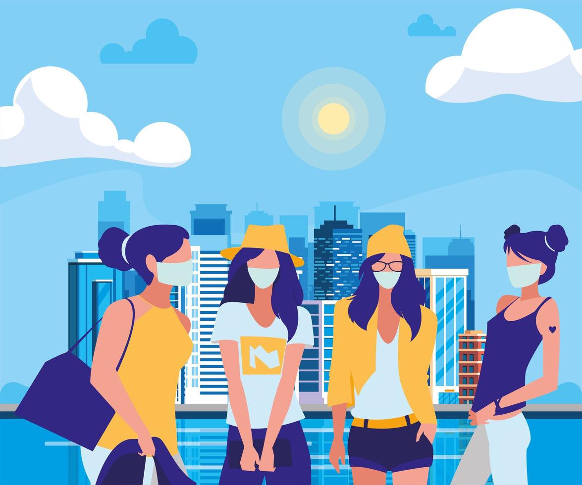 women walking in the city wearing face mask vector