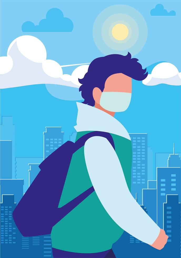 Man walking in the city wearing face mask vector