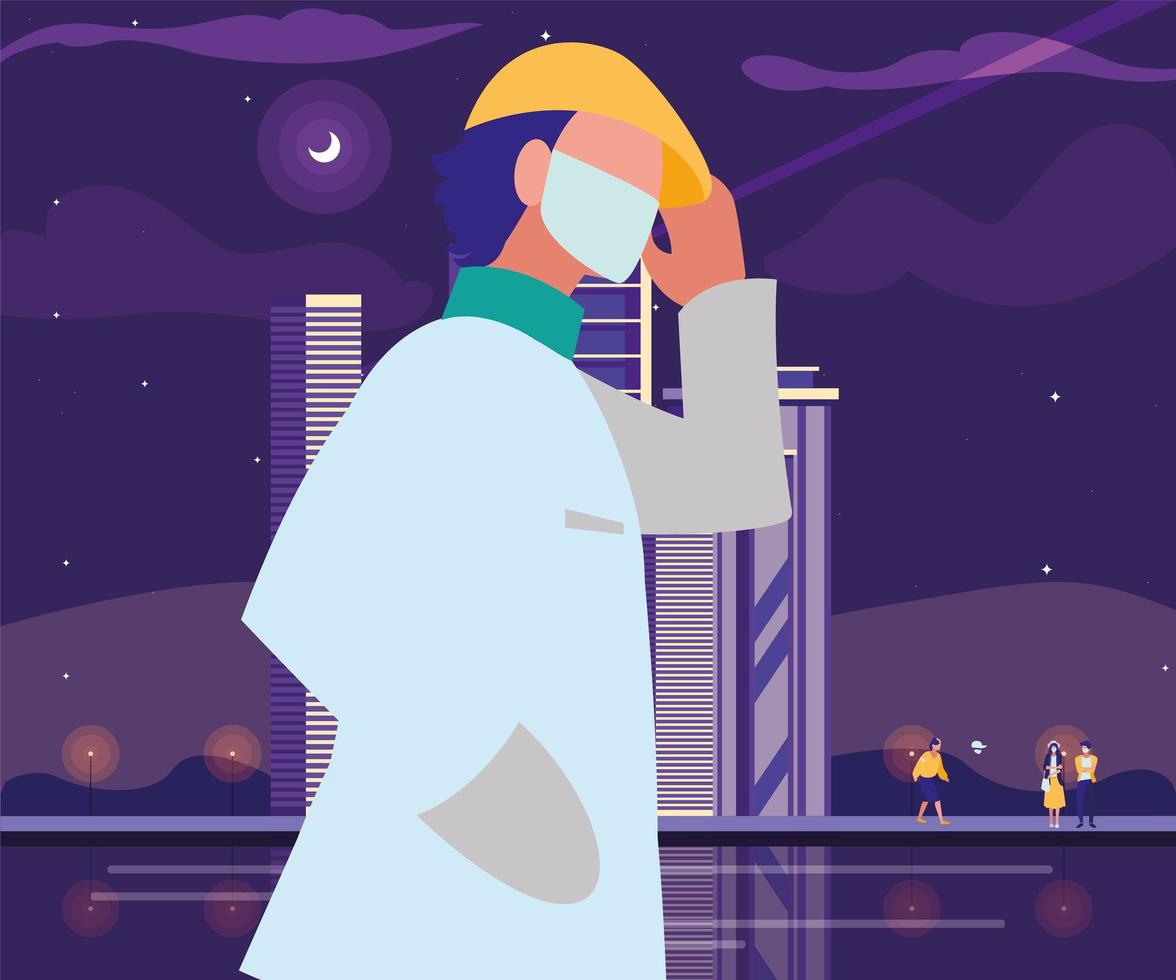 Man walking in the city wearing face mask vector
