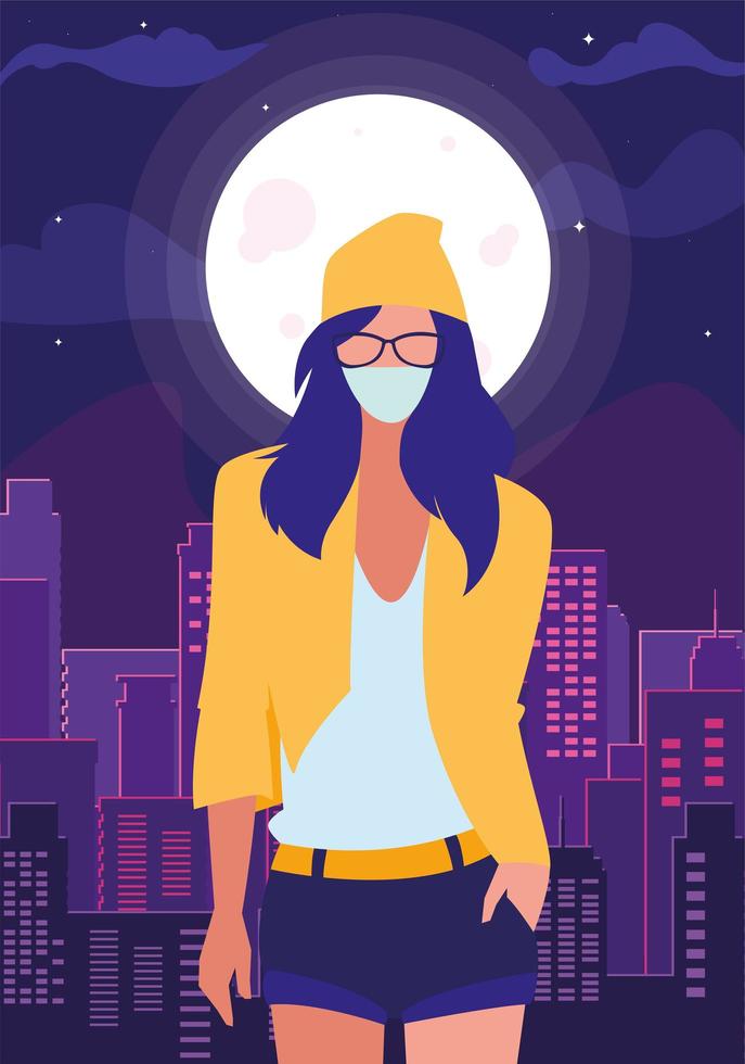 Woman in the city wearing face mask vector