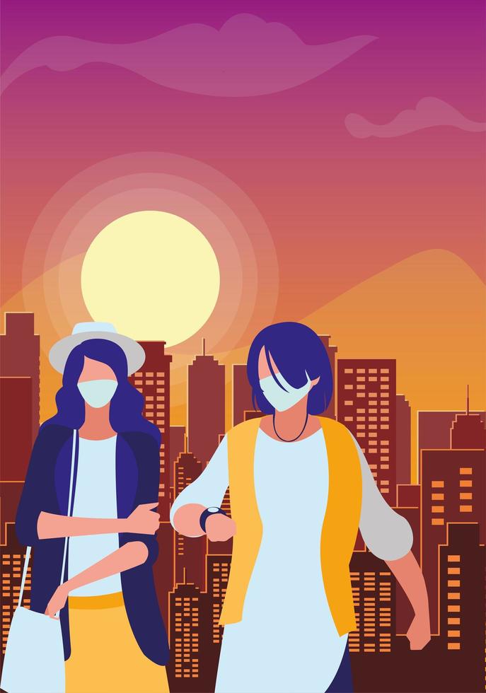 women walking in the city wearing face mask vector