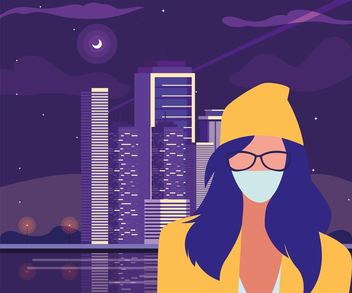 Woman in the city wearing face mask vector