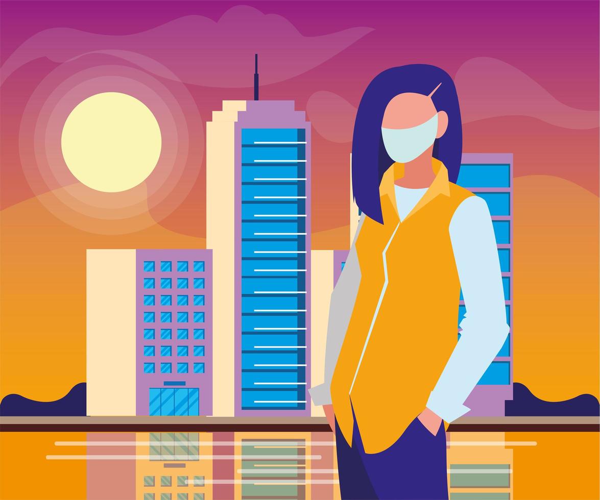 mujer en la ciudad con mascarilla vector