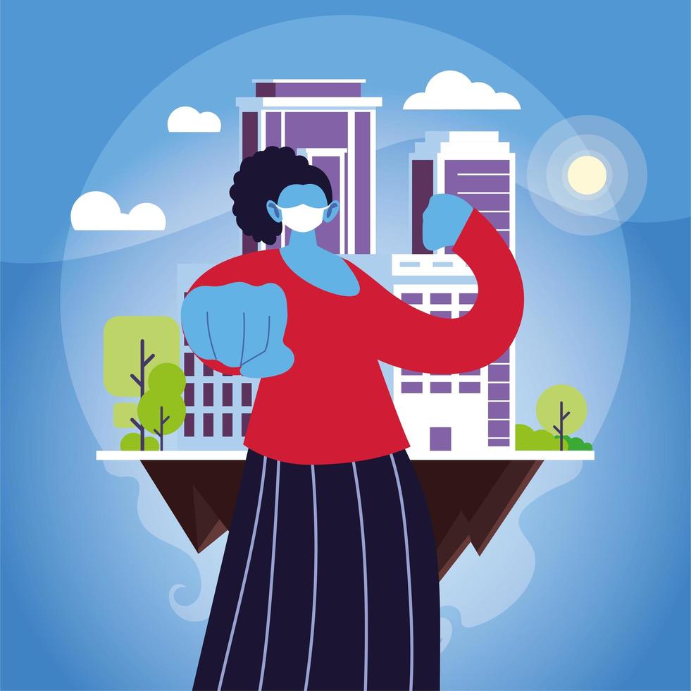 strong woman using face mask in the city vector
